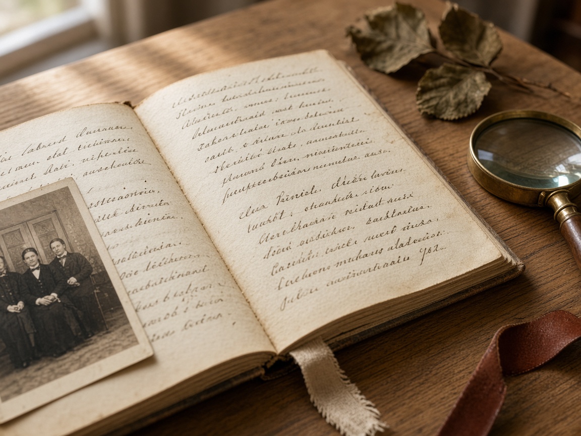 Open genealogisch register met verouderd papier, loupe en archiefmateriaal op een houten bureau.