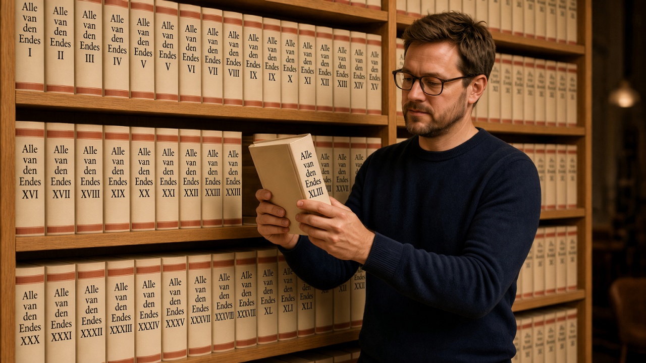 Man die een Alle van den Endes-deel uit een volle boekenkast haalt.